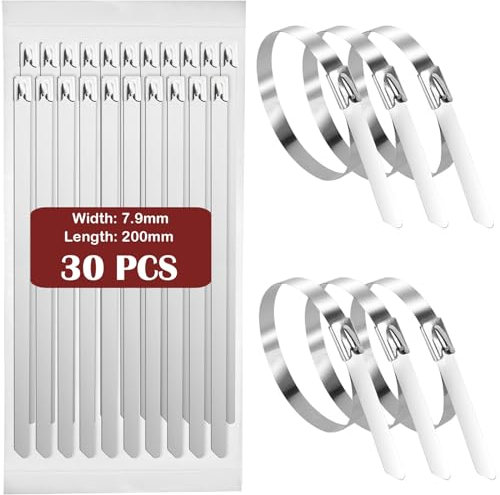 Fohirey 7.9×200mm Metal Cable Ties 30 Pcs, 304 Stainless Steel Zip Ties Silver Metal Tie Wraps, Heavy Duty Metal Zip Ties UV Resistance Steel Cable Ties for Outdoor Fence and Binding Requirements