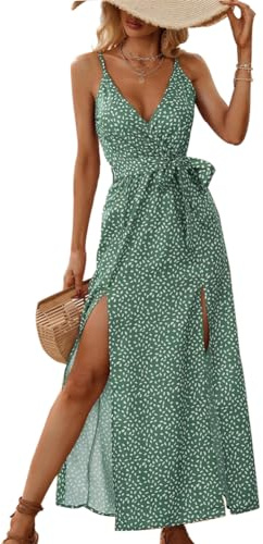 Lazz1on Damen Sommerkleider Elegant V-Ausschnitt Casual Ärmellos Spaghettiträger Freizeitkleid Böhmisch Maxikleid Strandkleider Urlaub