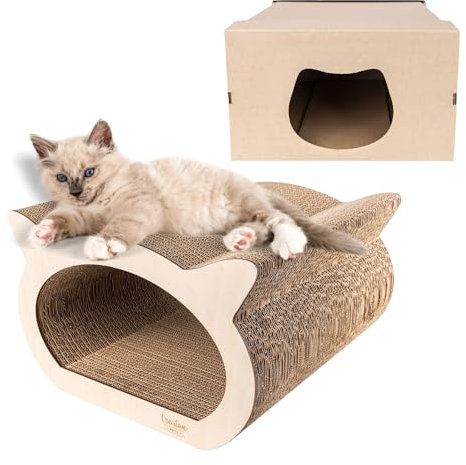 Creative Pets Katzen Kratzbrett | Kratzpappe verstärkt mit Sperrholz | Natürliche Kratzbretter | Robuste Kratzmöbel Katze | 2in1 Kratzbaum + Katzenhaus | Hochwertige Pappe | Groß 37 x 36 x 23 cm