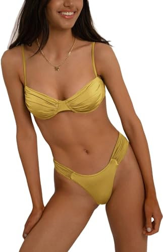 Siyova Bikini Set Donna 2 Pezzi Costume da Bagno Tinta Unita con Reggiseno e Mutandine Costumi da Mare Spiaggia Estate Vacanza Beachwear Swimwear (Giallo Verde, M)