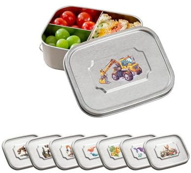 Baffect Fiambrera Acero Inoxidable, Fiambrera Escolar Portátil con 3 Compartimentos y 2 Cierres Laterales, Apta para Lavavajillas Fiambrera Infantil Pequeña Con Pegatinas (850ml/30oz.)