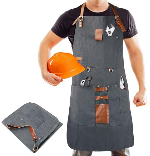 HISUEKIG Tool Work Welding Apron for Men and Women with 8 Pockets, Canvas Woodwork Apron, Wood Working Tools, Woodworking Waterproof Apron for Bbq, Cooking, Gardening, Welding