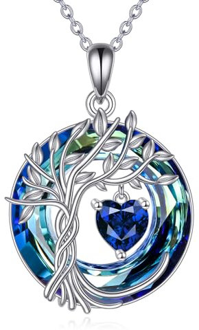 Tree of Life Necklace for Women 925 Sterling Silver Tree of Life Jewelry Sapphire Pendant September Birthstone Gemstone with Crystal Anniversary Birthday Christmas Gifts for Mother Wife