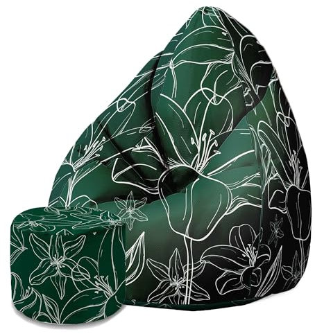 DreamRoots Sitzsack Erwachsene mit Füllung 80x80x120cm - Bean Bag Chair - Sitzsäcke mit Lehne und Hocker und Bezug - Sitzsack Sessel - Chill Sessel Velvet Green Flowers