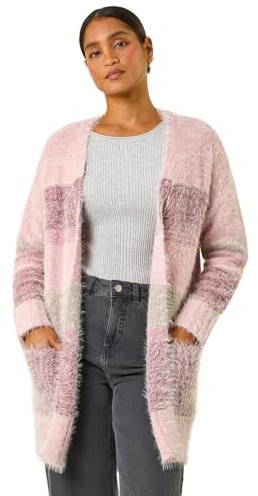 Roman Originals Women Fluffy Cardigan Ladies Winter Cardi Longline Edge to Edge Ombre Coatigan Casual Sparkly Glittery Jacket Knitwear Knitted Autumn Fleecy Cosy Soft Coats - Pink Multi - Size 20