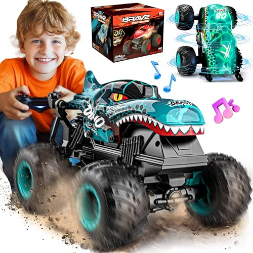BEZGAR Monster Truck Spielzeug – Monstertruck Ferngesteuert mit Licht und Musik, Dinosaurier Spielzeug RC-Truck mit 360°-Drehung und Tanzen, Ferngesteuertes Auto ab 3 4 5 6 7 8 Jahre, Tonblau