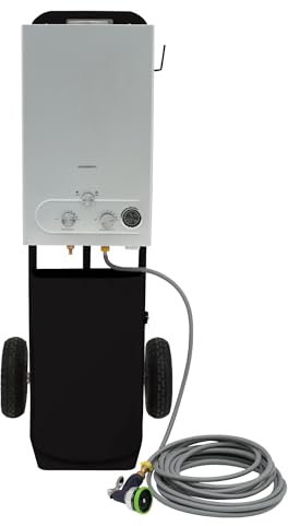 Tragbare Pferdedusche mit Stahlwagen, schwarz, 18 l, Durchlauferhitzer, Gasboiler, LPG-Heizung, 10 m Wasserschlauch und 9-Muster-Sprühpistole, Camping, Outdoor, Ablagefach, Seitenhaken und Zubehör