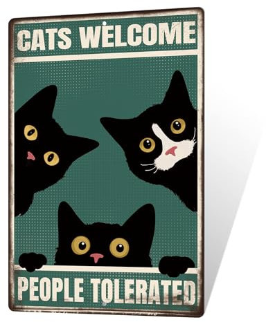 Putuo Decor Lustiges Schild mit Aufschrift Cats Welcome People Tolerated, 20,3 x 30,5 cm, schwarze Katze, Geschenke für Katzenliebhaber, Katzenzimmer-Dekoration, Wohnung, Toilette