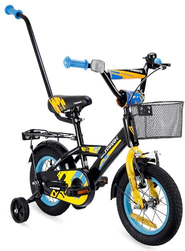 MIRAVO Kinderfahrrad Fahrrad Kinder Ab 2 Bis 4 Jahre Mit Stützrädern Schubstange V-Brake Bremsen Rückstrahl Aufkleber 12 Zoll Radgröße Korb Für Junge Spark Schwarz Gelb