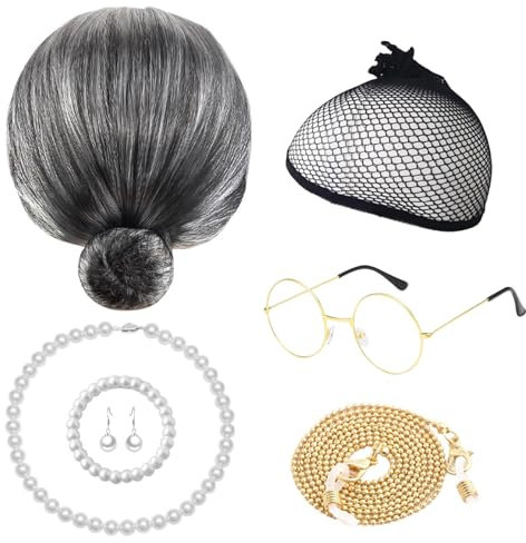 DKDDSSS Oma Perücke, Old Lady Kostüm, Oma Kostüm, Großmutter Perücke, Alte Dame Cosplay Set Kostümzubehör, Alte Damen Perücke für Halloween, Karneval, Maskerade, Bühnenauftritt, Kostümzubehör (Grau)