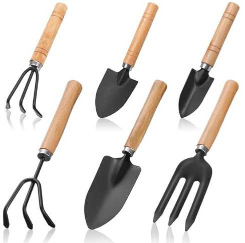 6 Stück Mini Gartenwerkzeug Set, Holzgriff Eisen Gartenwerkzeug Set Pflanze Holzgriff Handheld Mini Schaufel Spaten Rechen Gartenset Gartenschaufel Klein Gartengeräte