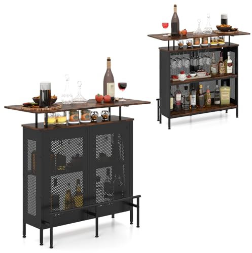 COSTWAY Table de Bar, Ilot Central Cuisine, Cadre en Métal, Pieds Réglables, Supports à Verres, Étagères, Repose-Pied en Métal, Mange Debout pour Cuisine, Bistrot (Marron Rustique)