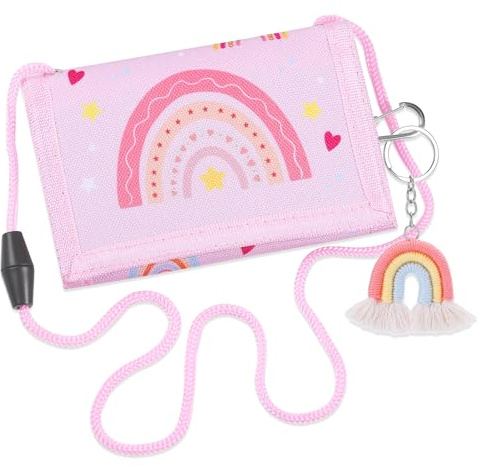 Huiguli Brustbeutel Kinder, Geldbeutel Kinder mit Schlüsselanhänger | 3-fach faltbare Kinder Geldbörse mit Kordelband, Regenbogen-Design, Geschenk für Mädchen