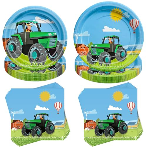 Traktor Partygeschirr Set,40 Stück Traktor Geburtstag Geschirrset Deko,Geburtstag Geschirr Kit mit Pappteller Servietten,Mädchen,Junge,Babyparty,Hochzeit 10 Gäste
