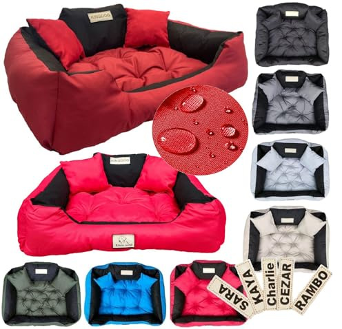 KING DOG Hundebett 145x115 cm 3XL rot - personalisiert mit Namen, wasserfester Codura, mit einem großen Steppkissen und 2 Dekokissen, antiallergisch, pflegeleicht, Kratzfest - ideal für große Hunde