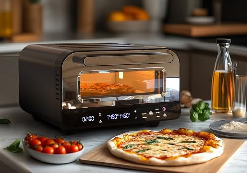 Elektrischer Pizzaofen, 1850W 450°C Pizzabackofen mit 60-Min-Timer & 6 Voreinstellungen für Pizza bis 12, Inkl. Pizzastein und - schaufe