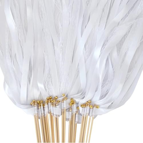 Esshogo 30 Stück Wedding Wands mit Glocke,Romantic Zauberstäbe Bänder Hochzeit, Spalier Hochzeit, Wedding Wands mit Glocke, Weiß Spitze Wedding Twirling Streamers, Zauberstäbe Hochzeit Luftschlangen
