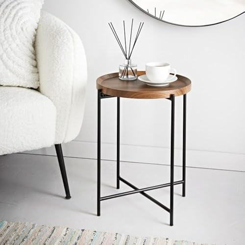RHMM Modern Walnut Finish Round Side Table Solid Wooden Top with Metal Frame Removable Tray Coffee Table Nightstand & Sofa End Table for Living Room Bedroom & Home Décor (37.5 x 47.5 cm)