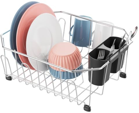 iSPECLE Small In-Sink Dish Drainer - Stainless Steel Rack, Silver/Black | Compact 29.5 x 34 cm, 8 Cup Hooks, Cutlery Holder, Rust-Resistant Wire Frame, Suitable for Kitchen Worktops, Caravans & Flats