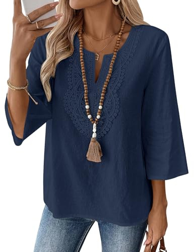 Rapbin Top da donna con maniche a 3/4, scollo a V, in cotone e lino, casual, vestibilità larga, tunica in pizzo bohémien, blu navy, M