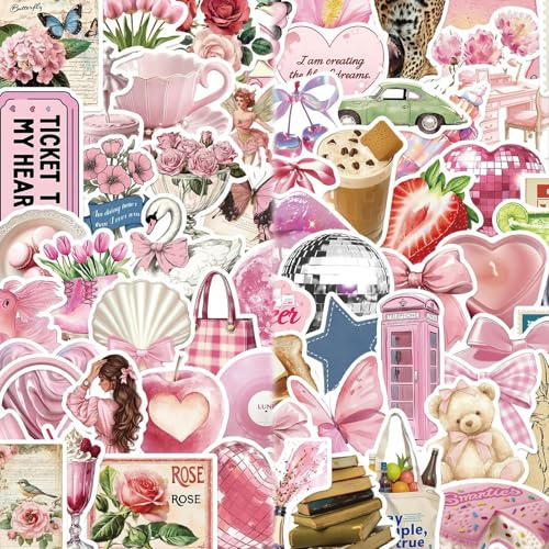 100 Pcs Pink Preppy Aesthetic Stickers Pack,Cute Waterproof Vinyl Stickers for Girls and Teens, Coquette Stickers for Laptop, Water Bottle, Phone, Journal Decoration (Pink)