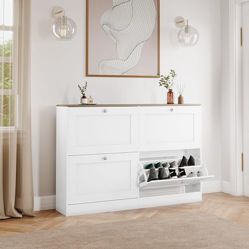Vida Designs Altino 4 Drawer Shoe Cabinet | White & Oak | Space-Saving Storage for 20+ Pairs | 80H x 105W x 23.5D cm | Anti-Tip | Modern Hallway Unit