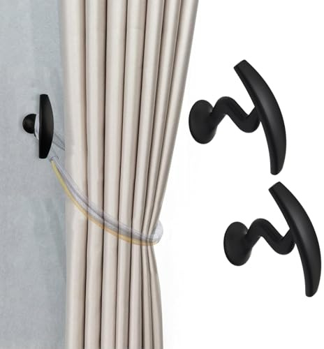 INCREWAY 2 ganci per tende a forma di onda, autoadesivi da parete, fermatenda, non lasciano traccia, in metallo, per decorare la casa (nero)