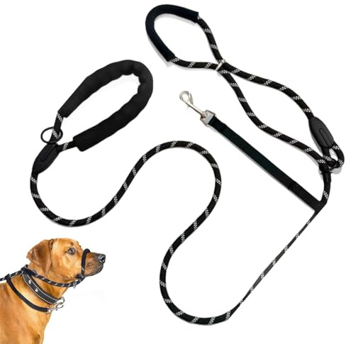 Figure of 8 Dog Lead Anti Pull, Figure 8 Dog Lead with Nose Padding and Collar Attachment, No Pull Slip for Training Walking (Medium/Large)