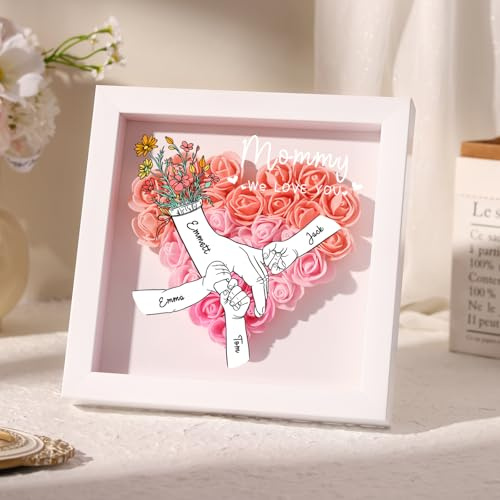 Personalisierter Muttertag Blumen Bilderrahmen Herz Rosen Shadow Box mit Namen 23×23 cm Wanddeko Geschenk für Mama Oma Ehefrau (A-Rosa)