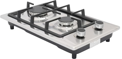 Réchaud à gaz de camping à 2 flammes, cuisinière à gaz portable pour l'extérieur, avec allumage par impulsion, deux brûleurs, pieds stables, barbecue et voyage, différentes puissances, argent, 51 x 31