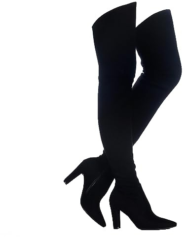 Shoe'N Tale Women Stretch Suede Chunky Heel Over The Knee Boots Thigh High for Women (9,Suede Black)
