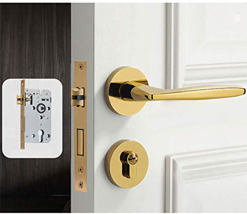 SagaSave Gold Modern Luxury Bedroom Door Handle with Lock, Zinc Alloy & Copper, 1 Count, 1 Lock Body, 3 Keys