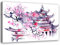 Feeby Vlies Leinwandbild Pagode Japan Blühender Kirschbaum 90x60 cm Druckbild Wandbild Wanddekoration Deko Wand Aesthetic Asien Orientalisch Osten Violett