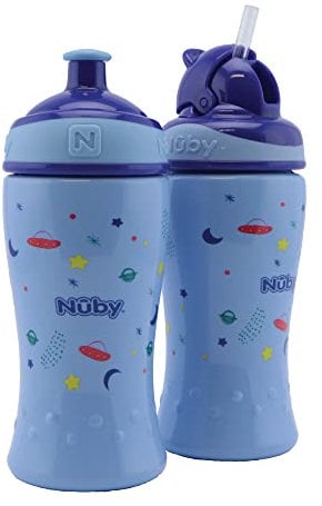 Nuby - Doublepack - Lot de 2: Gobelet Flip-it préscolaire - 360 ml - bleu - 12m+ / Gobelet à débit libre Pop-up 360 ml - bleu - 18m+