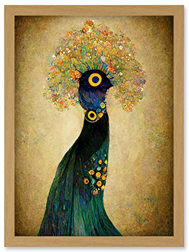 Doppelganger33 LTD Elegant Peacock Portrait In Emerald And Gold Gustav Klimt Artwork Framed Wall Art Print A4
