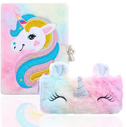 TOYESS Diario Secreto Niña con Candado, Diario niña con Unicornio, incluye Estuche de Peluche, Colgante de Unicornio, Material Escolar y Papelería, Regalo para Niñas, Colorido