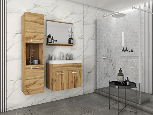 MINIO go for it - 3-Teilig Badmöbel Set Monal I Hängeschrank I Spiegel mit Regal I Schrank mit Waschbecken I Laminierte Spannplatte I Griffe und Beschläge aus Metall I Wotan Eiche
