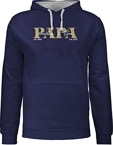 Pullover Herren Frauen Hoodie Kontrast zweifarbig - zum Vatertag - Papa Geschenk mit Namen Kinder Datum Geburtsjahr I Weihnachten I Geburtstag - M - Navy Blau/Grau meliert - Vater Sohn Papa-Hoodie