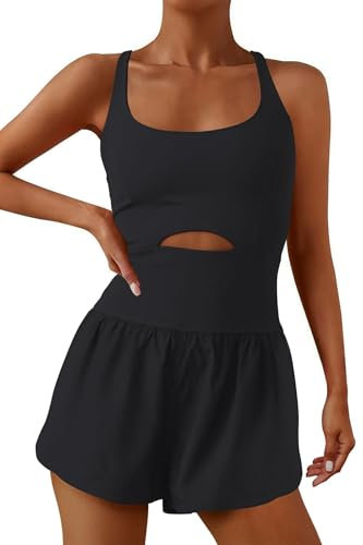 ReachMe Damen-Einteiler, Einteiler, Einteiler, Jumpsuit, Fitnessstudio, Yoga-Kleidung, Schwarz, M
