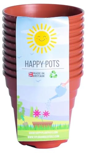 Happy Pots - Lot de 10 pots de fleurs réutilisables en plastique de qualité supérieure pour intérieur/extérieur, décoration d'intérieur, jardinage, rond, robuste, résistant aux UV, recyclables, 7,5