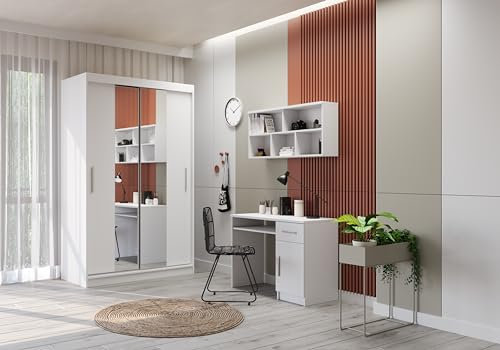 Fabryka Mebli Idźczak Kinderzimmer-Set Jugendzimmer-Set Tobby SB 01 Schrank Wandregal Schreibtisch alufarbige Griffe – Minimalistischer Stil Stillvolles Modern Design (Weiß/Weiß)