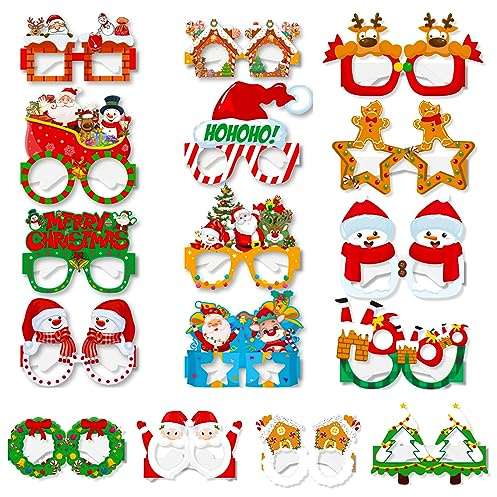16 Stück Weihnachtsbrillen Set Lustig Weihnachtsbrillengestell Neuheit Weihnachtspapier Partybrille Karneval Photo Booth Requisiten Lustige Brillen Weihnachts Kostüm Dekoration für Kinder Erwachsene