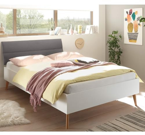 Lomadox Doppelbett in weiß matt/grau, skandinavisches Design, mit Füßen aus Natureiche Massivholz B/H/T ca. 145x44x210 cm
