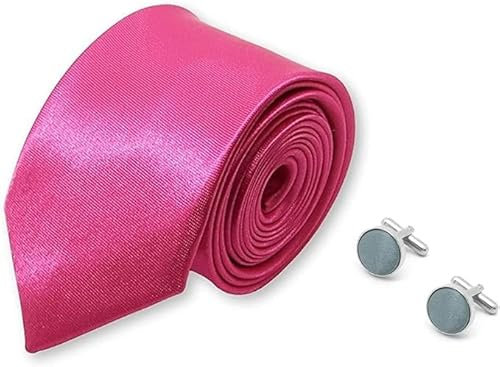 Cravate slim fine étroite rose-vif fushia et boutons de manchettes gris, finitions main