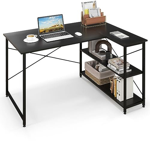 COSTWAY Corner Computer Desk, L-Shaped Writing Study Table with Reversible and Adjustable Bookshelf, Space-Saving Home Office PC Laptop Workstation (Black)
