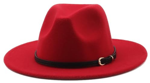 HEYANN Fedora Hut mit breiter Krempe Filzhut Herren Klassische mit Gürtelschnalle Filz Unisex Trilby-Hut Panama Jazz Huts für Damen Herren (L Rot)