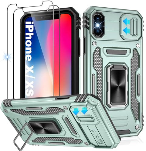 Jshru for iPhone X Case with Screen Protector [2 Pack] and Slide Camera Cover,Shockproof iPhone XS Case,Ring Kickstand Phone Cover for iPhone X/XS,Alpine Green