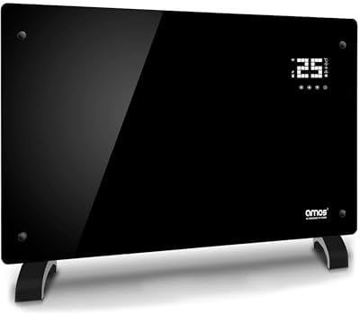 AMOS Electric Glass Panel Heater 2000W Smart WiFi Enabled, Digital Display, Timer & Thermostat Freestanding or Wall Mounted Black