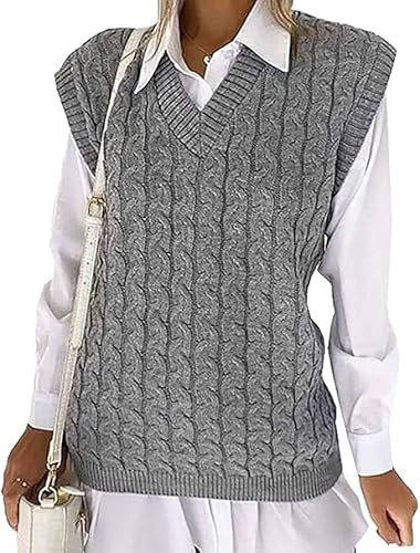 Romaans Ladies Cable Knit Sleeveless Vest Women's Knitted Jumper Tank Top Winter Chunky Sweaters (Grey 12-14)