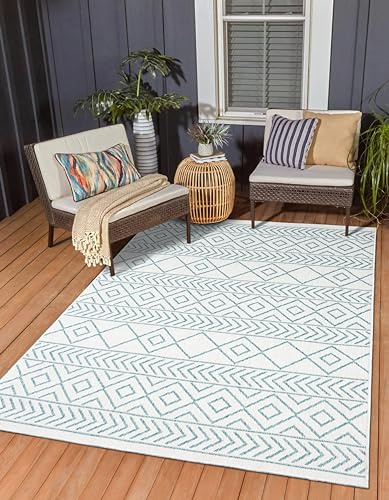 MY-RUG Outdoor Teppich Wetterfest 160 x 230 cm - Garten Balkon Teppich | Wendbarer Kurzflor Teppich für Terrasse & Wohnzimmer - UV Beständig & Robust - Waschbarer Wendeteppich in Türkis & Creme